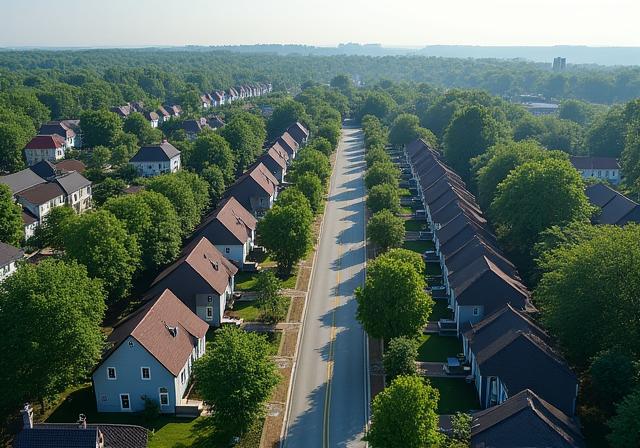 Veduta aerea di un tranquillo quartiere residenziale.