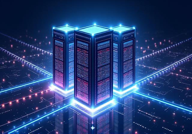 Illustrazione di tre edifici data center connessi da raggi di luce.