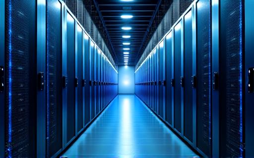 Corridoio di un data center con rack di server illuminati di blu.
