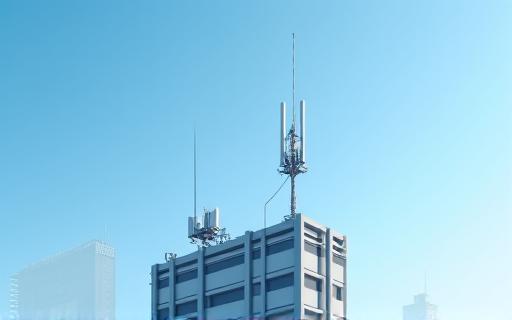 Antenna 5G su un tetto urbano con cielo sereno.