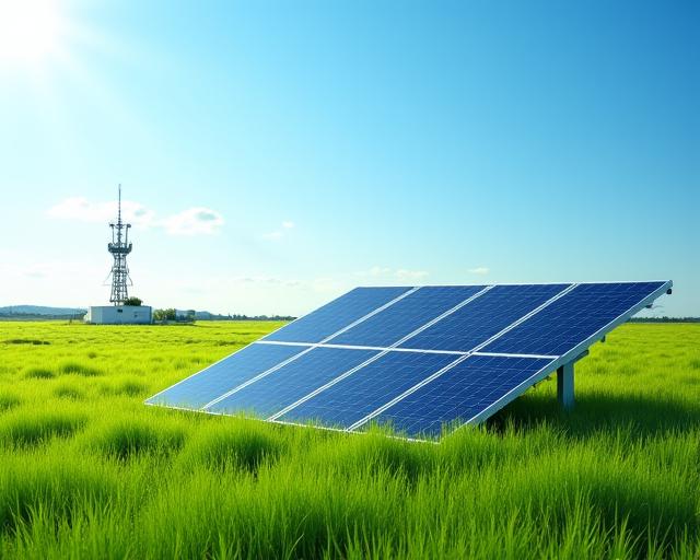 Pannelli solari installati vicino a un'infrastruttura di telecomunicazioni in un campo verde.