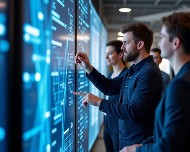 Un team di ingegneri LumenFiber che collabora davanti a schermi con diagrammi di rete in un ufficio moderno.